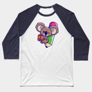 Cute Koala Wear Backpack And Hug Pencil Cartoon Baseball T-Shirt